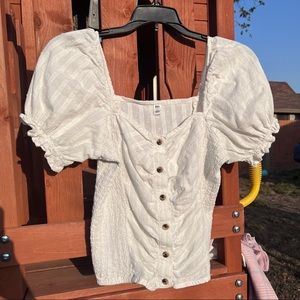 Swiss Dot Ruched Puff Sleeve Top